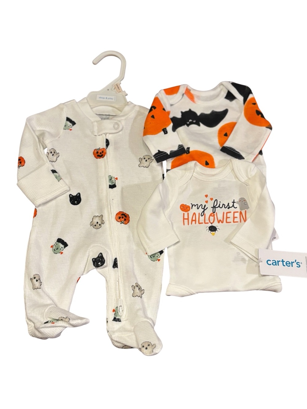 NWT Preemie Carter's Halloween footed one-piece and two Halloween onesies